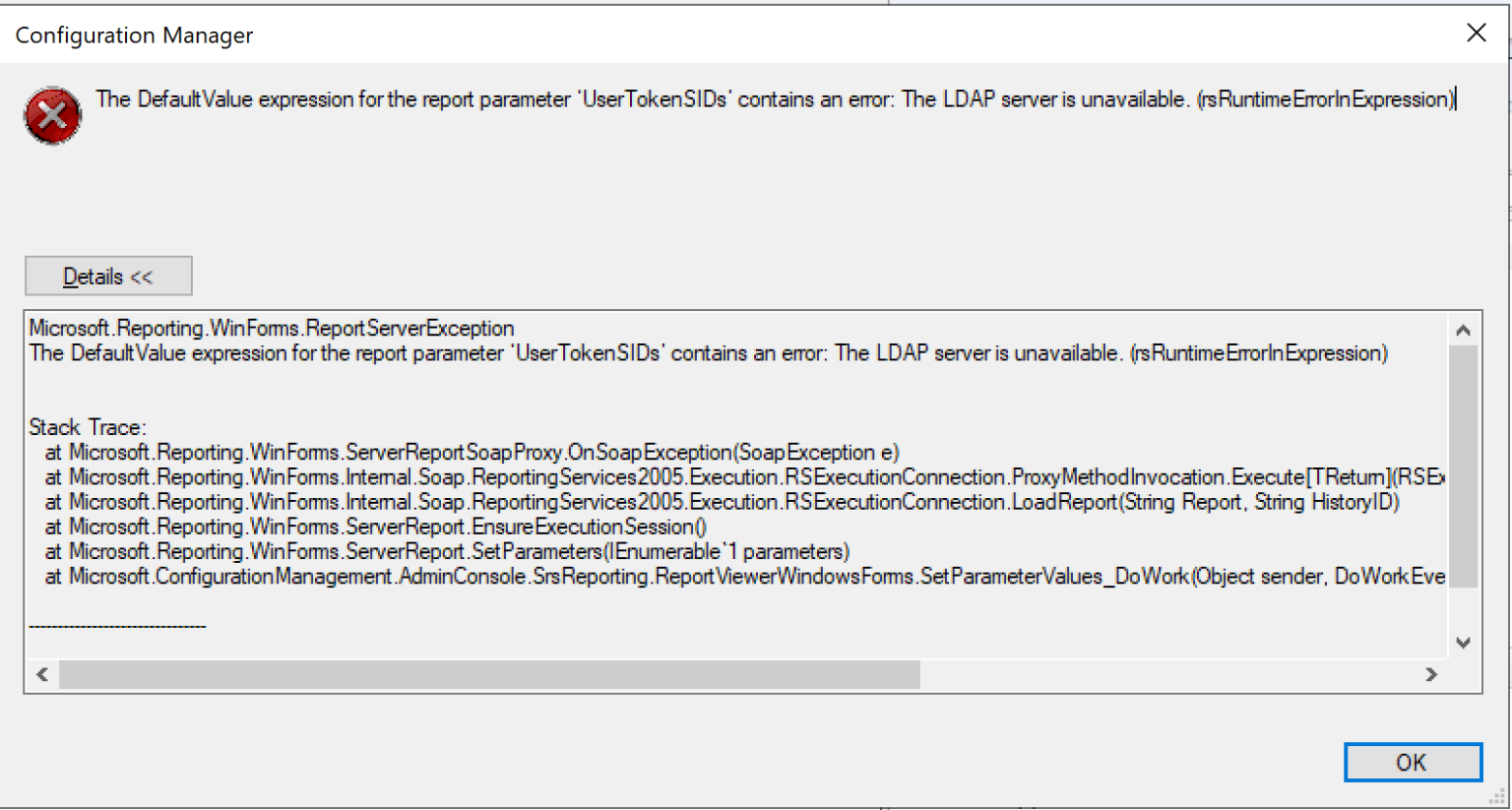 LDAP Error. "Server unavailable" message. Error reporting. Windows forms Error Reporter Control.